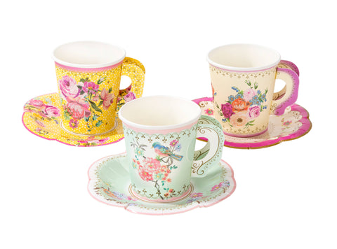 Vintage Paper Teacups and Saucers Set - 12 Pack